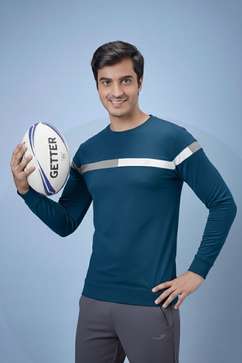 Men Round Neck Full Sleeve T-Shirt - Teal Blue | L | SBT57